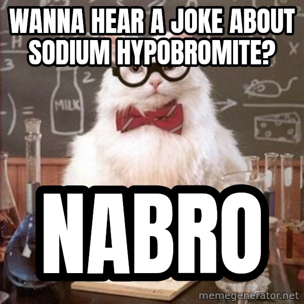 Chemistry Cat meme: Wanna hear a joke about sodium hypobromite? / nabro