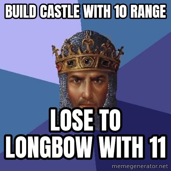 Age Of Empires meme: build castle with 10 range / lose to longbow with 11