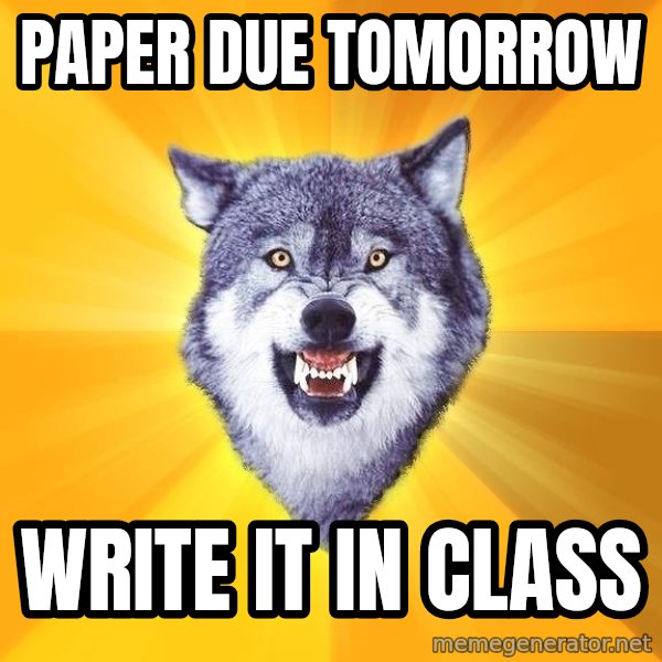 Courage Wolf meme: paper due tomorrow / write it in class