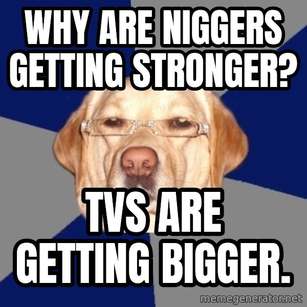 Racist Dog meme: Why are niggers getting stronger? / TVs are getting bigger.