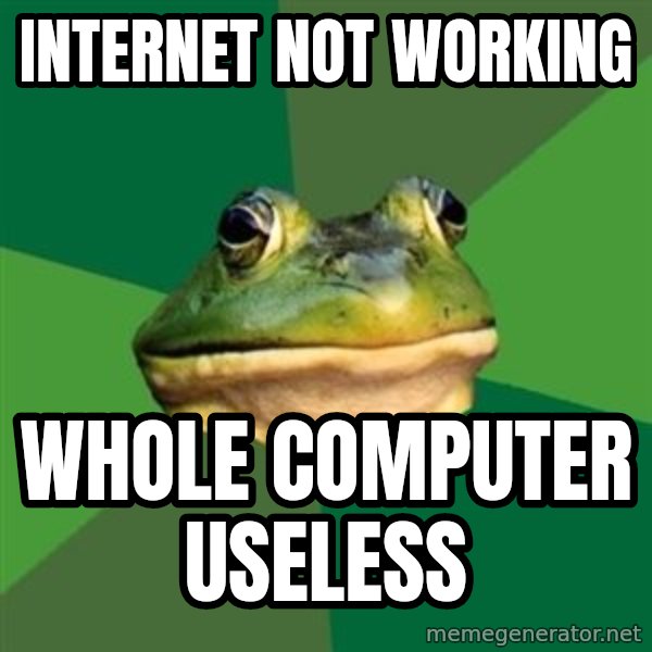 Foul Bachelor Frog meme: Internet not working / whole computer useless
