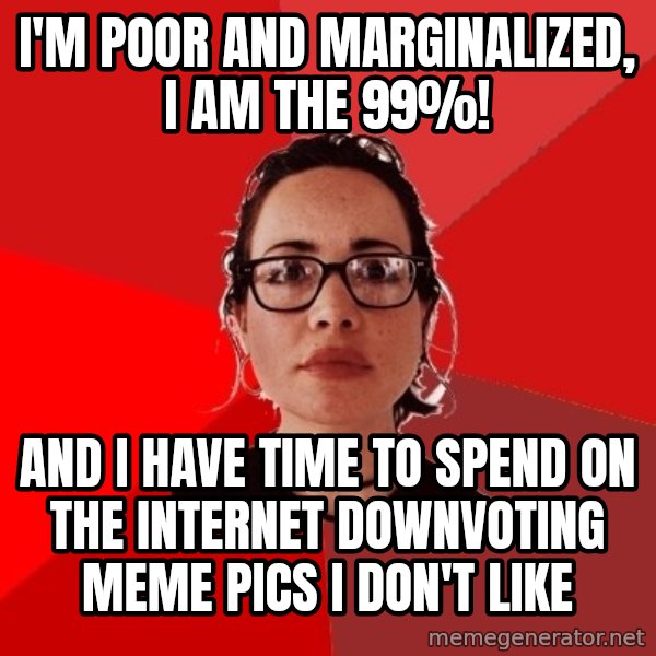 Liberal Douche Garofalo meme: I'm poor and marginalized, I am the 99%! / And I have time to spend on the internet downvoting meme pics I don't like