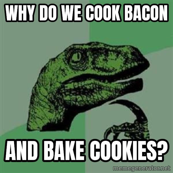 Philosoraptor meme: why do we cook bacon / and bake cookies?