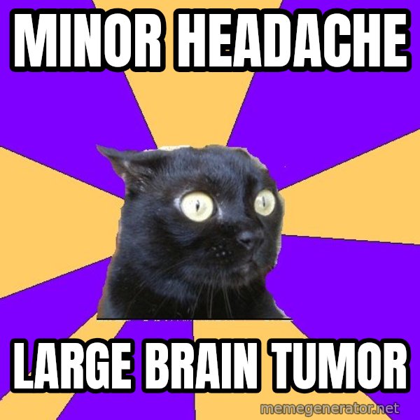 Anxiety Cat meme: minor headache / large brain tumor