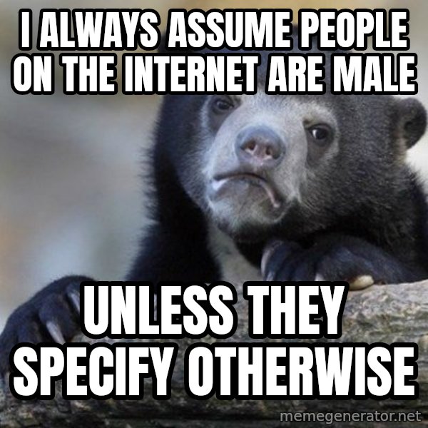 Confession Bear meme: I Always assume people on the internet are male / unless they specify otherwise