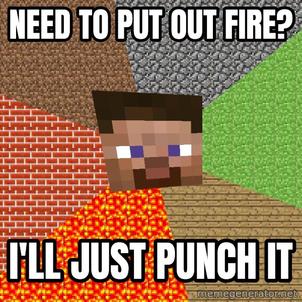Minecraft Guy meme: Need to put out fire? / i'll just punch it
