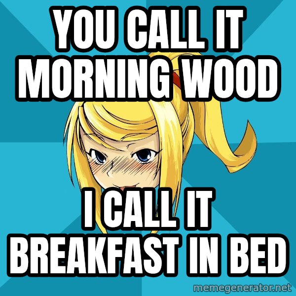 Horney Samus meme: you call it morning wood / i call it breakfast in bed