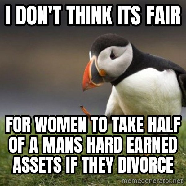 Unpopular Opinion Puffin meme: I don't think its fair / for women to take half of a mans hard earned assets if they divorce