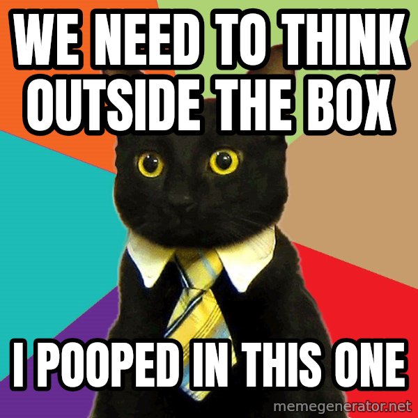 Business Cat meme: WE NEED TO THINK OUTSIDE THE BOX / I POOPED IN THIS ONE