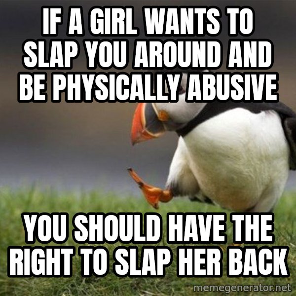 Unpopular Opinion Puffin meme: if a girl wants to slap you around and be physically abusive / you should have the right to slap her back
