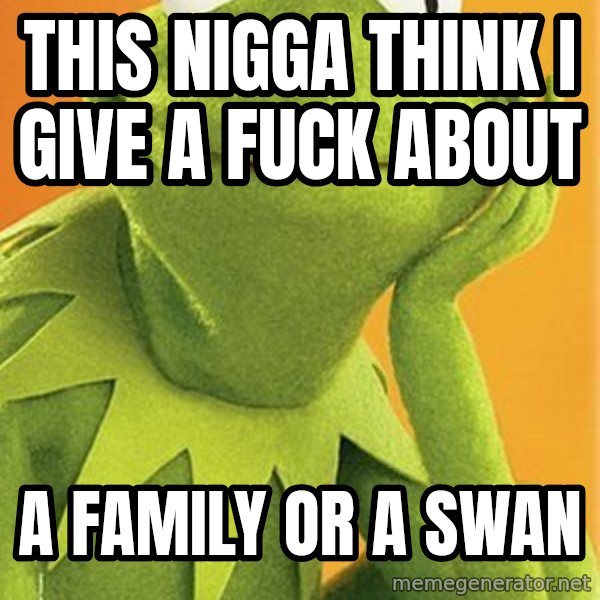 Kermit the frog meme: this nigga think i give a fuck about / a family or a swan