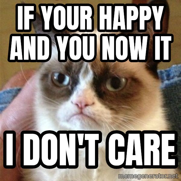 Grumpy Cat  meme: If your happy  and you now it / I don't care